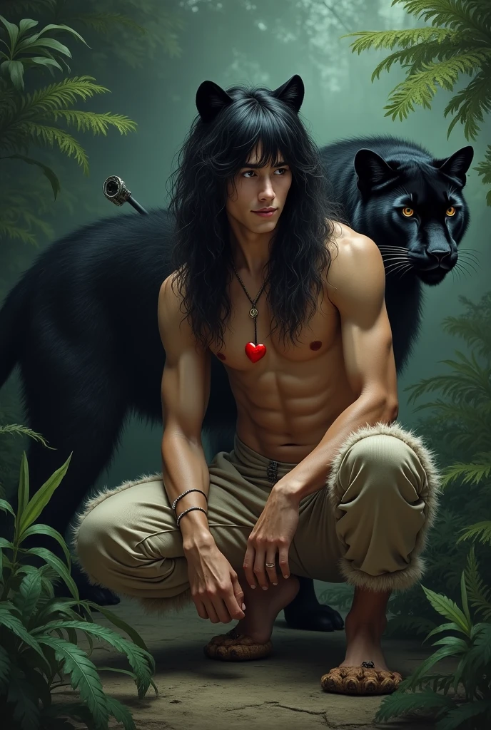 A very handsome young man with long black hair down to the floor and bangs to the side. He is a handsome man with masculine features.. He has very tanned skin.. He is shirtless. He has a red heart pendant on his chest.. He has panther ears on his head.. He is wearing beige fur pants and shoes in the shape of cloven hooves.. He squats in the dark ferns and shoots a bow.. Next to him is a kind black panther.