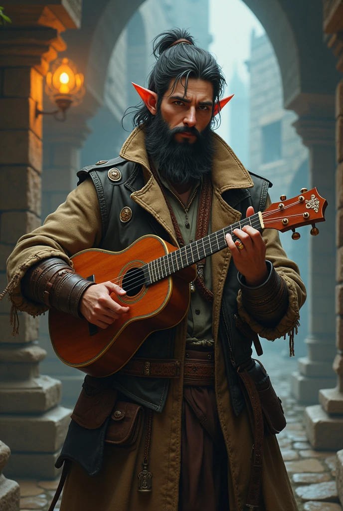 bard, half elf, masculine, com um ukulele, Barba van dyke, inspired by the dungeon rpg game & dragons