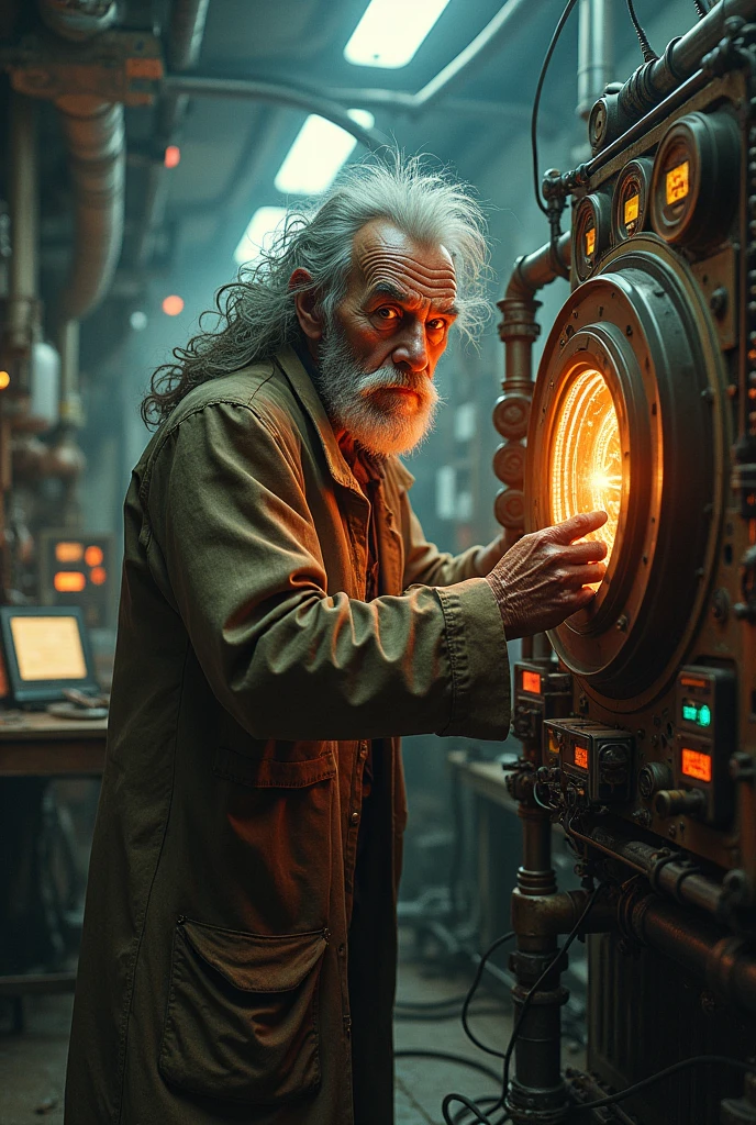 Old and crazy scientist with a thermal system