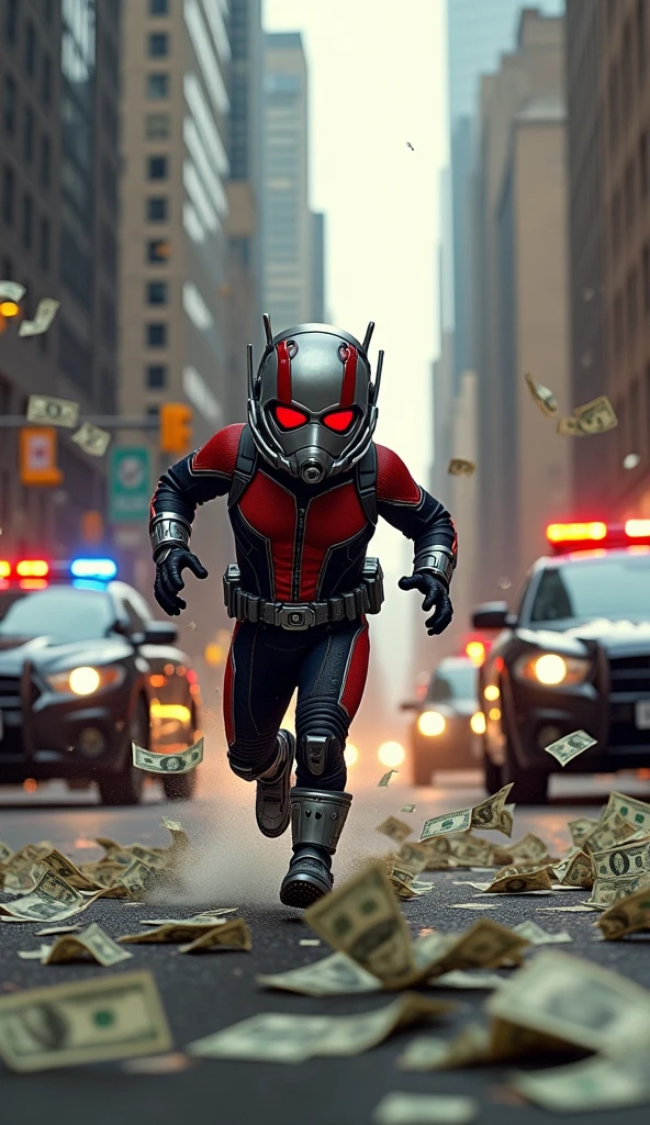 Make a picture in which Antman is running away with a lot of money and the money is scattered everywhere and the police has surrounded him from all sides