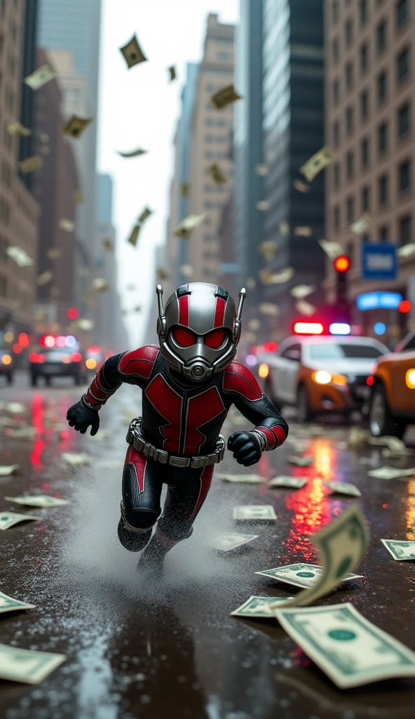 Make a picture in which Antman is running away with a lot of money and the money is scattered everywhere and the police has surrounded him from all sides