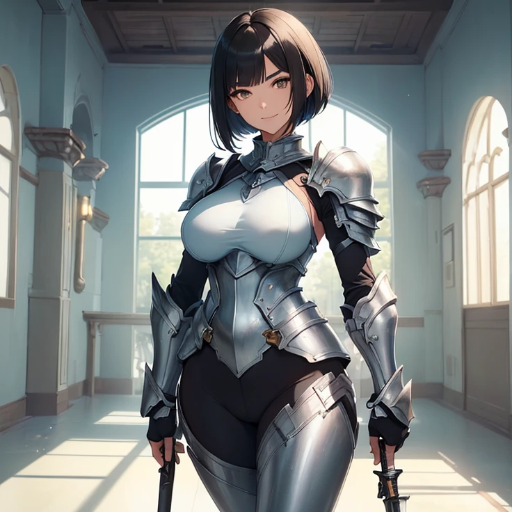 (Masterpiece), (High Resolution), (Best Quality), (Anatomically Correct), (High Details), (HD), (High Quality), (character solo, alone), (fantasy), (anime style)
{{1character:50 years old black haired milf:(medium shoulder length black hair bob cut, pale skin,brown eyes, sharp nose, black thick eyebrows, very thin lips, nice feminine body, beautiful body, beautiful hips, big breasts, beautiful legs, beautiful arms, delicated features, beauty, feminity, sweet demeanor, motherly personality),((light full armor cuirass, steel shoulder pads, grey pants, grey boots, pointy hood, short cloak)),((sweet expression and sweet smile),(cheerful pose),(standing patient and calm)),((knights training camp),(sunny day),(light-blue sky),(simple background),(yellow walls),(spring season),(various garrisons and modern weapons around),(very few people there)}}