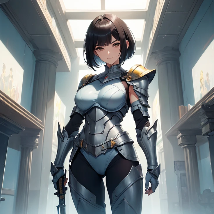 (Masterpiece), (High Resolution), (Best Quality), (Anatomically Correct), (High Details), (HD), (High Quality), (character solo, alone), (fantasy), (anime style)
{{1character:50 years old black haired milf:(medium shoulder length black hair bob cut, pale skin,brown eyes, sharp nose, black thick eyebrows, very thin lips, nice feminine body, beautiful body, beautiful hips, big breasts, beautiful legs, beautiful arms, delicated features, beauty, feminity, sweet demeanor, motherly personality),((light full armor cuirass, steel shoulder pads, grey pants, grey boots, pointy hood, short cloak)),((sweet expression and sweet smile),(cheerful pose),(standing patient and calm)),((knights training camp),(sunny day),(light-blue sky),(simple background),(yellow walls),(spring season),(various garrisons and modern weapons around),(very few people there)}}