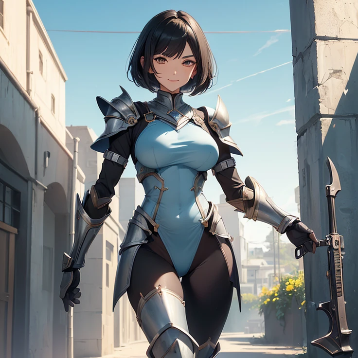(Masterpiece), (High Resolution), (Best Quality), (Anatomically Correct), (High Details), (HD), (High Quality), (character solo, alone), (fantasy), (anime style)
{{1character:50 years old black haired milf:(medium shoulder length black hair bob cut, pale skin,brown eyes, sharp nose, black thick eyebrows, very thin lips, nice feminine body, beautiful body, beautiful hips, big breasts, beautiful legs, beautiful arms, delicated features, beauty, feminity, sweet demeanor, motherly personality),((light full armor cuirass, steel shoulder pads, grey pants, grey boots, pointy hood, short cloak)),((sweet expression and sweet smile),(cheerful pose),(standing patient and calm)),((knights training camp),(sunny day),(light-blue sky),(simple background),(yellow walls),(spring season),(various garrisons and modern weapons around),(very few people there)}}