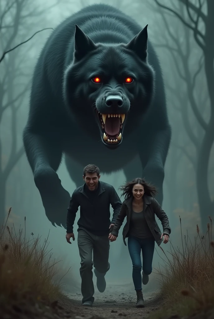 Man and woman, being chased, by a black dog, the height of a man, showing its fangs and behind them.