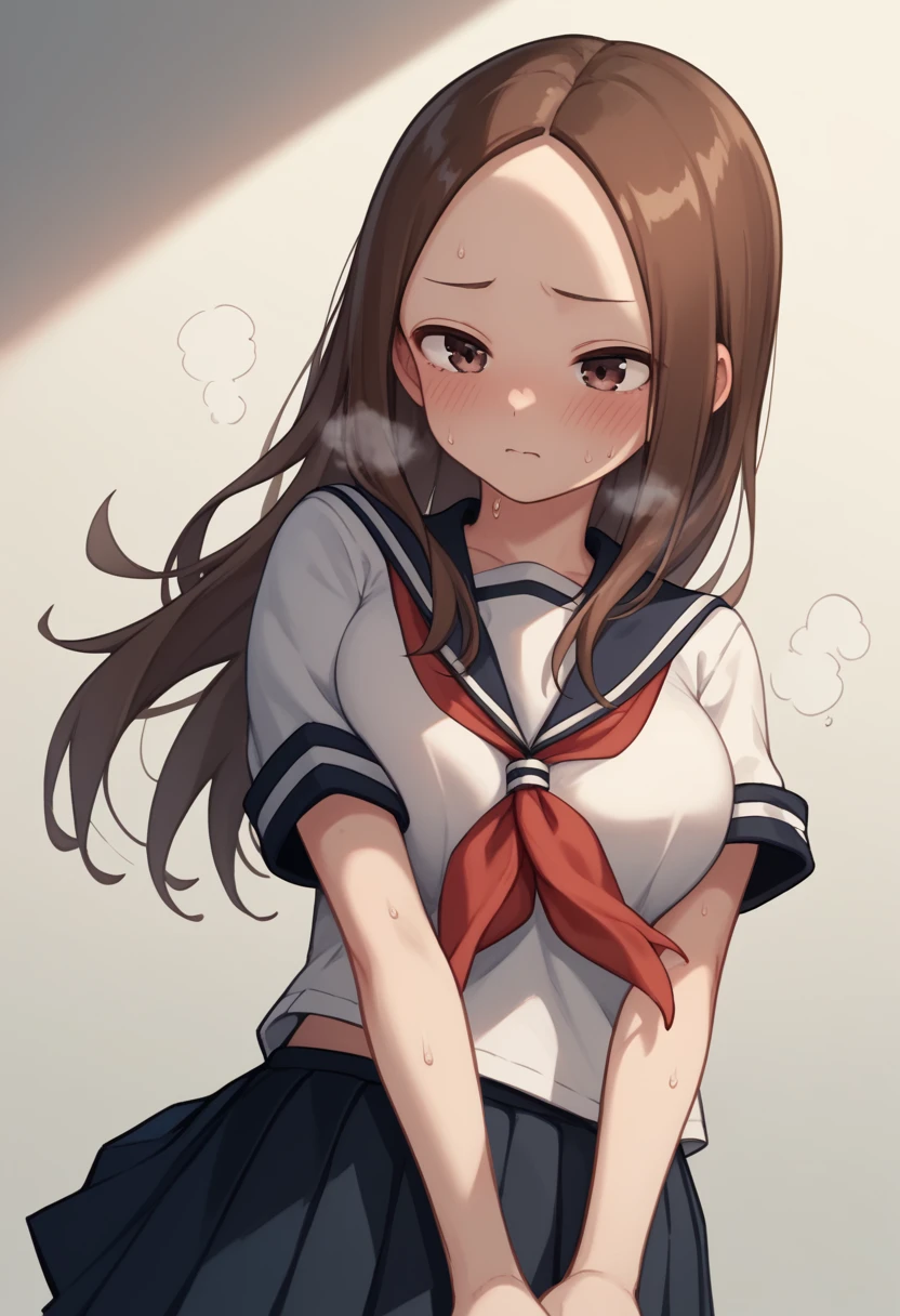 Large Breasts、blush、Sweat、In the heat、takagi-san,school_uniform, serafuku, skirt, sailor_collar,bare forehead, long_hair, black_sailor_collar, pleated_skirt, brown_eyes,brown_hair,short_sleeves, black_skirt,red_neckerchief,
{Highest quality}, {so beautiful}, {Very detailed}, {Best illustrations},Life、slim:1.5、Are standing、