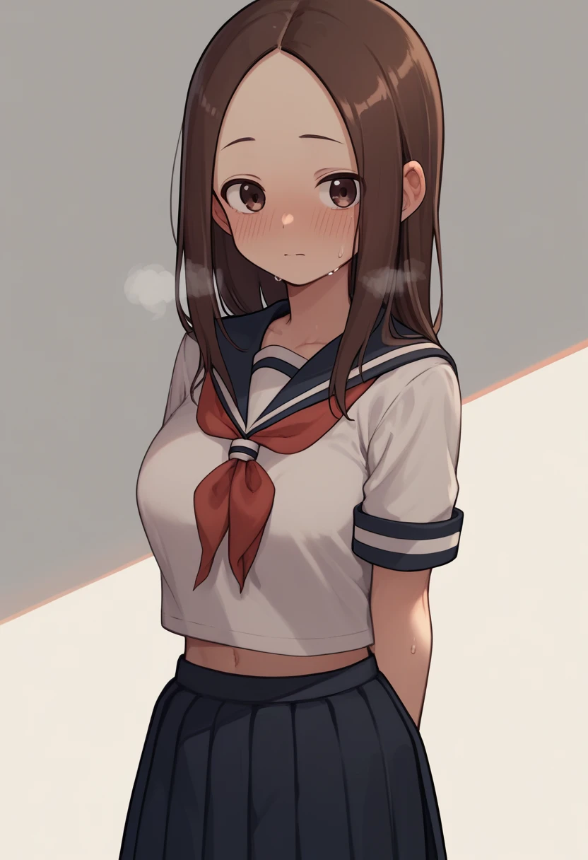 Large Breasts、blush、Sweat、In the heat、takagi-san,school_uniform, serafuku, skirt, sailor_collar,bare forehead, long_hair, black_sailor_collar, pleated_skirt, brown_eyes,brown_hair,short_sleeves, black_skirt,red_neckerchief,
{Highest quality}, {so beautiful}, {Very detailed}, {Best illustrations},Life、slim:1.5、Are standing、