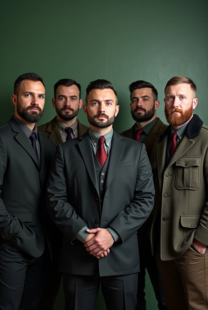 5 Russian man , blackquality hair ,key beard  , hair cut on the sides, ,top of hair well done,has 1,71 meters , 105 kilos, jacket and tie, with army green style wall in the background 