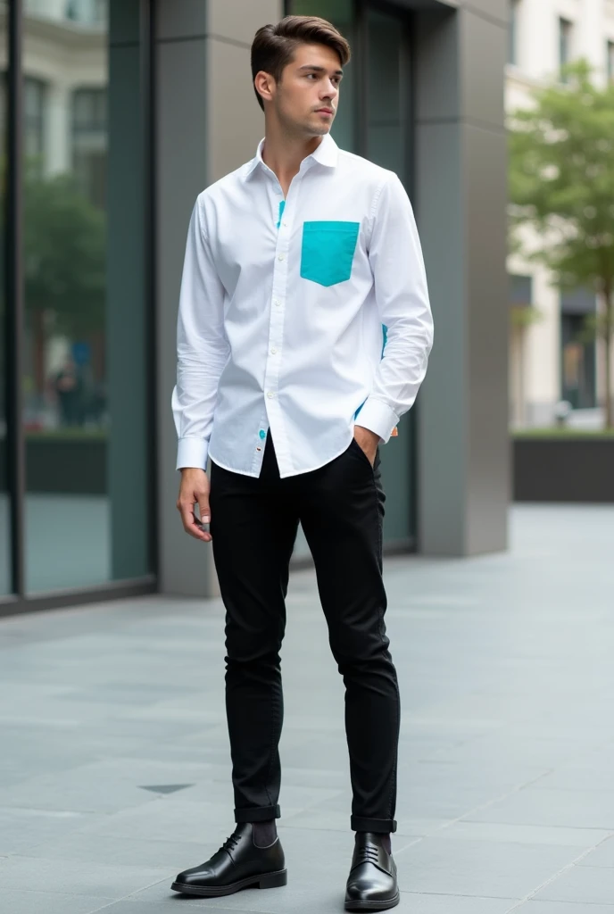 Young man wearing a white Columbia-style 3-quarter sleeve shirt with turquoise blue detail on the pocket and black pants , black booties