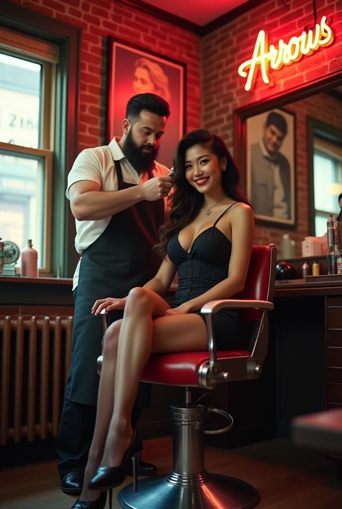 Retro Barber Shop, Barbershop in Brooklyn, New York, Two people, Man with a beard,apron, Have a comb, combing, (セクシーなwoman, woman, beauty, High heels, Asian, Beauty, Red Lip, one piece, barber, Black Stockings, Long Hair, Beautiful eyes, smile, teeth, Blushing Sitting in a swivel chair), window, mirror, Portrait poster, Faded red brick wall,high quality, masterpiece, 「ARROWS」A neon sign with the words