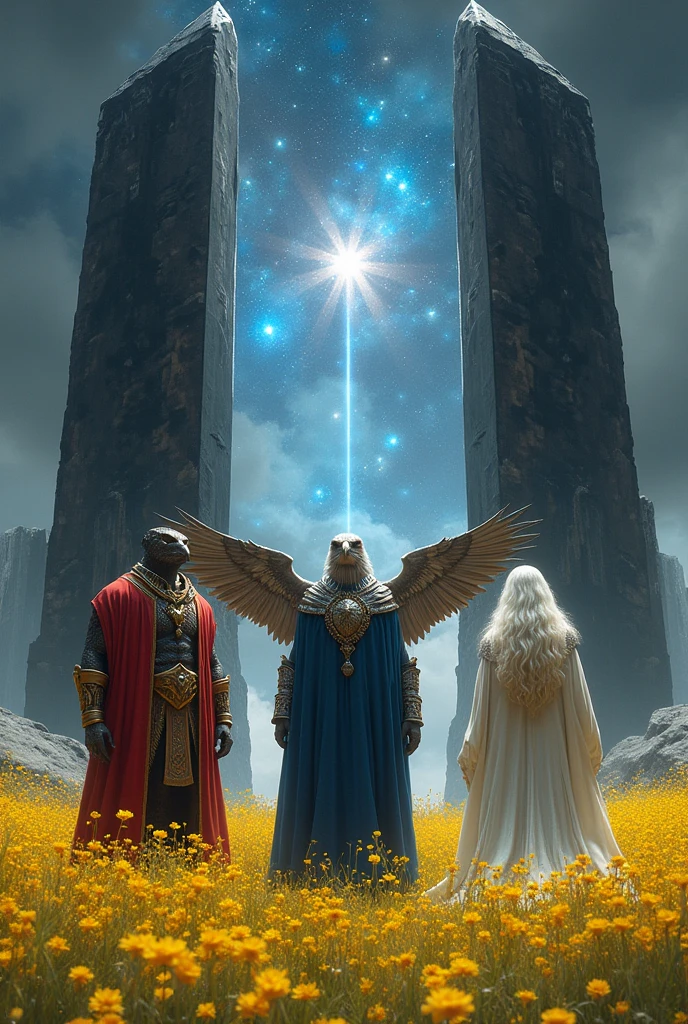 A strong humanoid reptilian wearing red ceremonial attire, a white-haired Nordic man wearing light elven robes and in the center a man with a falcon&#39;s head and large wings wearing a blue cloak and silver armor.
They are in front of two French obelisks made of mirrored black crystal, placed in the middle of a field with yellow flowers. Between the obelisks opens a dimensional portal to the universe 