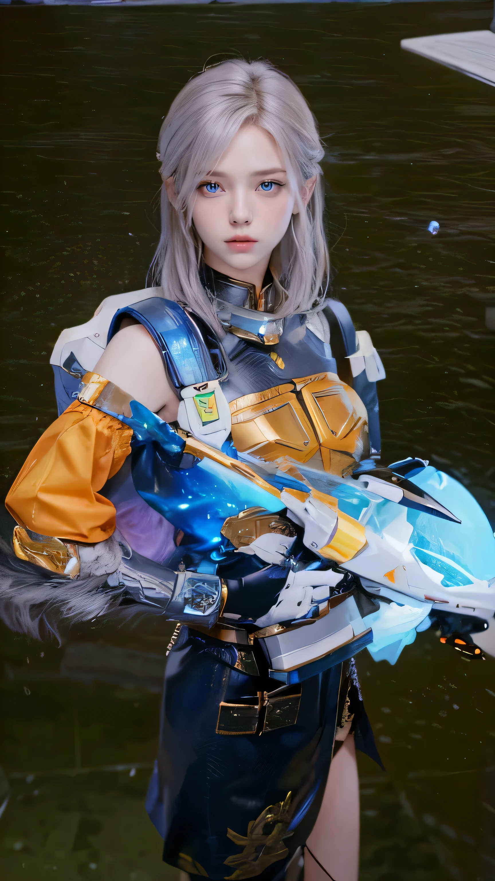 A beautiful woman. 20s. Blonde hair and blue eyes. Short hair. She is looking at the camera with a defiant expression. She wears a silver metallic battle uniform. There is something on his waist that is reminiscent of Kamen Rider's transformation belt. In her background is an image of outer space and a giant space battleship. A masterpiece.