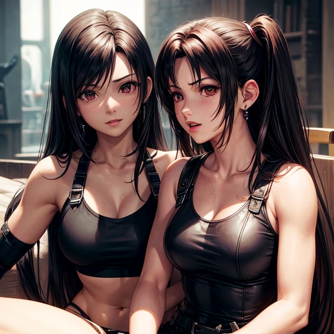 Can you make a classic Tifa Lockhart from the original Final Fantasy VII?? (I'd like to avoid a Tifa remake if possible.) In some positions? Show the viewer a first-person perspective of a titjob that wraps around the breasts.、Her boobs are so big、It feels like it's enveloping my entire cock., The entire penis has completely disappeared., Hidden from the bottom to the top of the head、I can't even see it sticking out of her cleavage, it looks like my penis is smaller than her boobs. And let her take the lead、Put her on top, Pushing the viewer's face into her huge cleavage, or単に顔全般 or自分の乳首を吸ったり 後背位or逆騎乗位で背中から胸が見える? or仰向けに寝て巨大な胸を広げている, Sagging to the side? or、She is lying、Crushed under her、Hanging? or、Lying with one breast tucked under the other