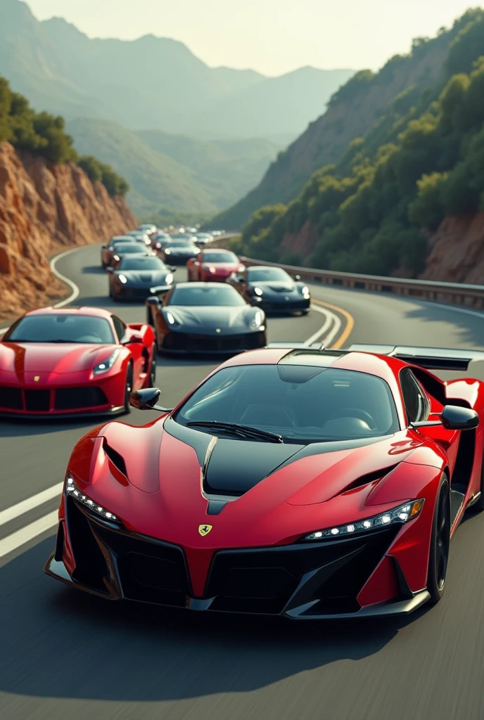 High-end cars such as Ferrari, Lamborghini, rr, RAM 700 roulent comme un convoi. The camera shows the RAM 700 car well