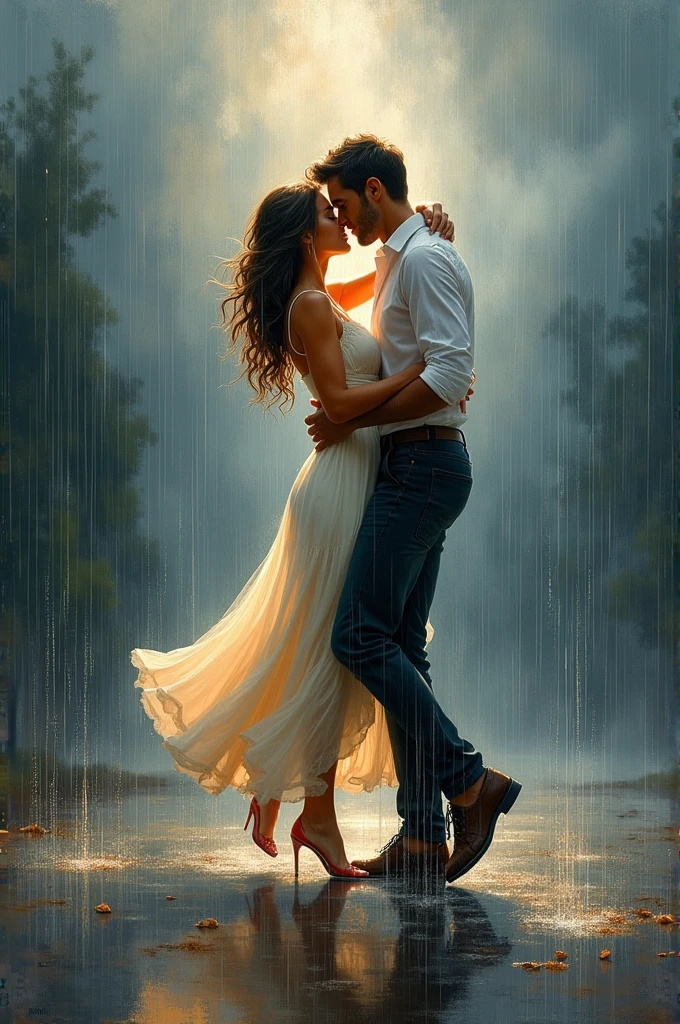 two lovers dancing in the rain painting