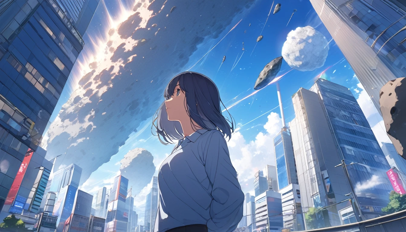 High definition、high resolution、Masterpiece、Looking up at the Tokyo sky、Woman looking from afar、blue sky、City、City、Buildings、Giant meteorites、meteorite falling、Makoto Shinkai style、