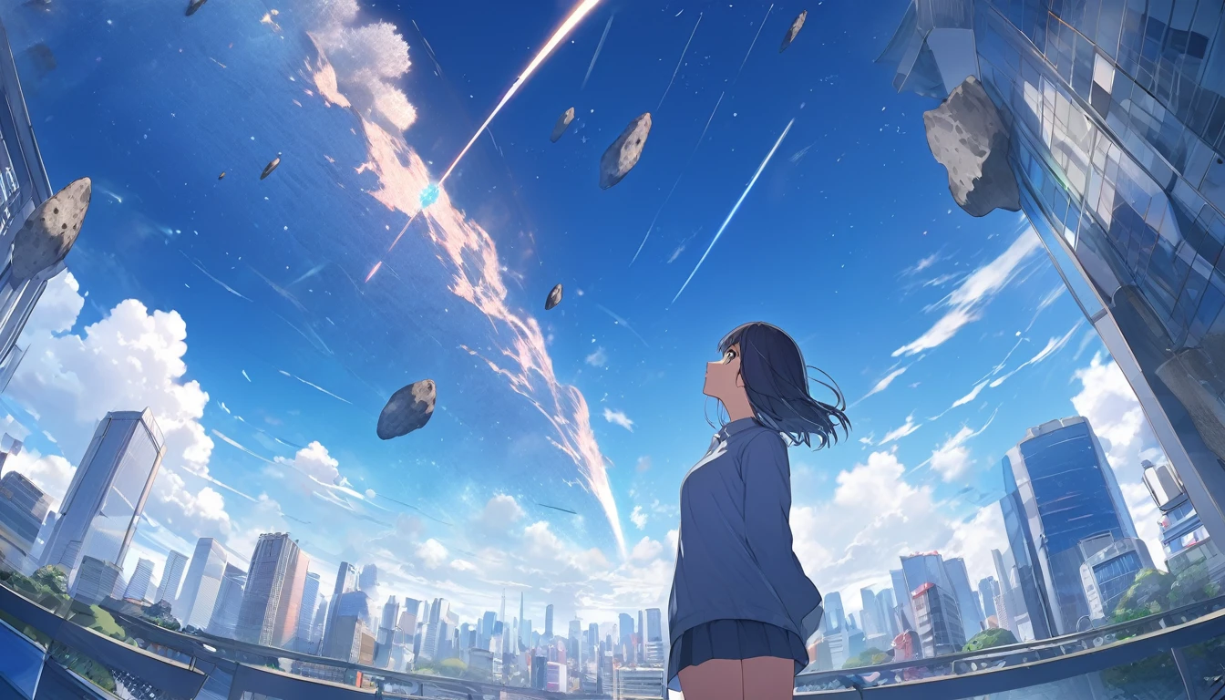 High definition、high resolution、Masterpiece、Looking up at the Tokyo sky、Woman looking from afar、blue sky、City、City、Buildings、Giant meteorites、meteorite falling、Makoto Shinkai style、
