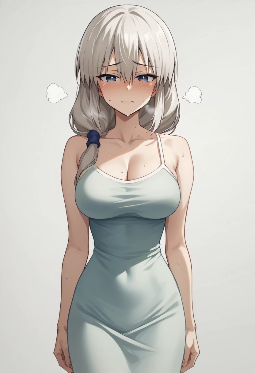 Round big breasts、blush、Sweat、In the heat、Long white hair、Braiding、uzaki_fortune、
{Highest quality}, {so beautiful}, {Very detailed}, {Best illustrations},Life、slim:1.5、Camisole long maxi dress(tight)、Are standing、Troubled face、Close ~ eyes