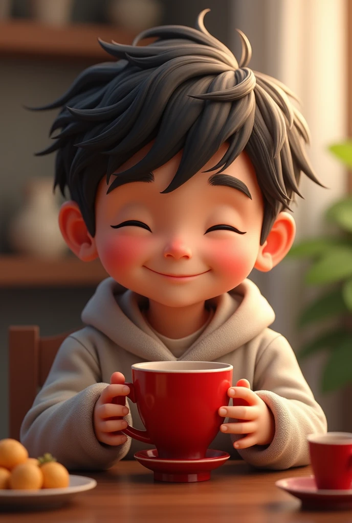  A boy is drinking of tea cup colour is red anoy face is little smile 
