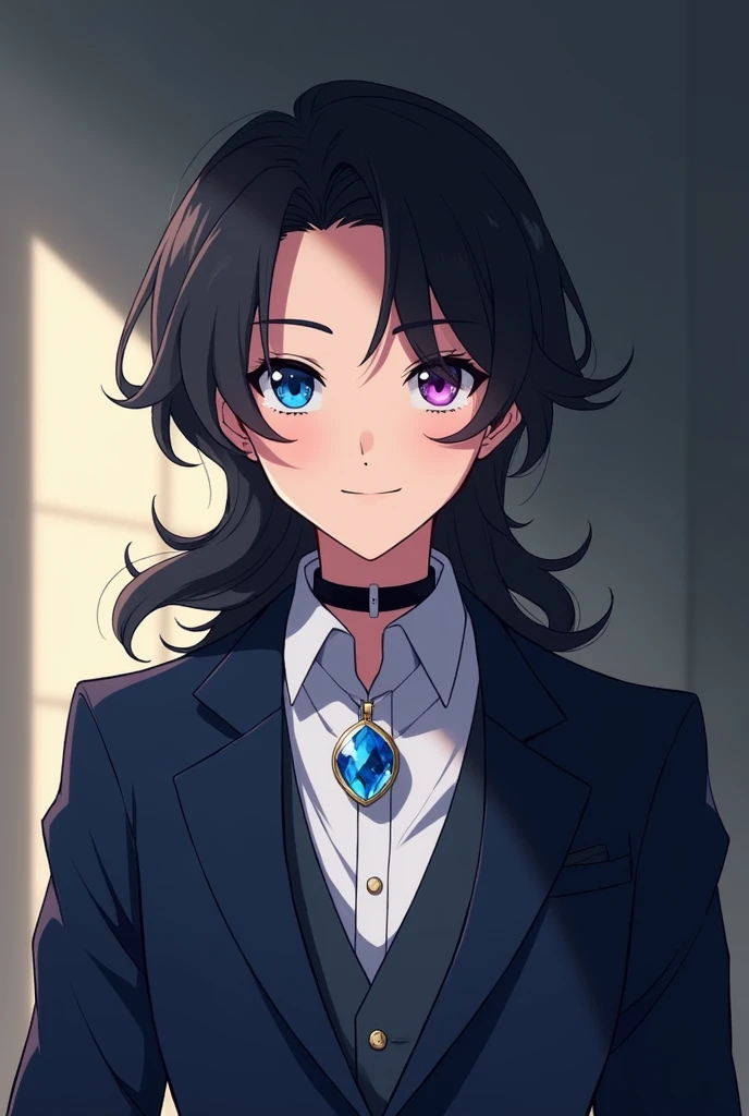 Boy between 18 and 20 years old with long black hair., Blue heterochromia in the right eye and violet in the left eye. With a dark blue formal suit,  A gentlemanly personality and a kind smile., with a black choker with a 5cm round translucent blue crystal pendant attached to the choker, animated style