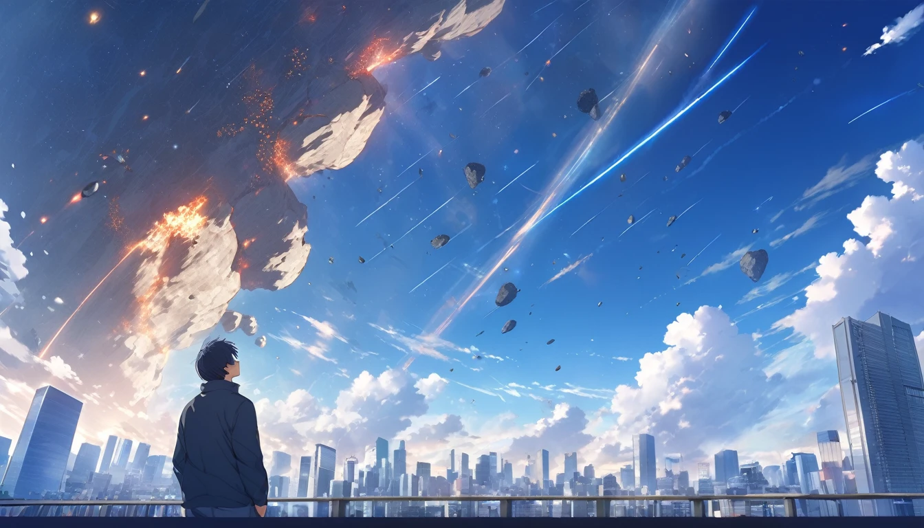 High definition、high resolution、Masterpiece、Looking up at the Tokyo sky、Man looking from afar、blue sky、City、City、Buildings、Giant meteorites、meteorite falling、Makoto Shinkai style、
