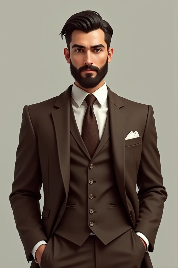 a male character, offwhite, short hair with a traditional cut, Brown suit, dark brown eyes, beard like glasses, broadshouldered, not very muscular, chic