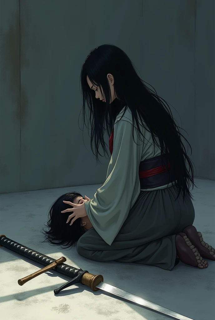 A Japanese girl from behind holding the body of her dead friend, and beside it was his broken katana!