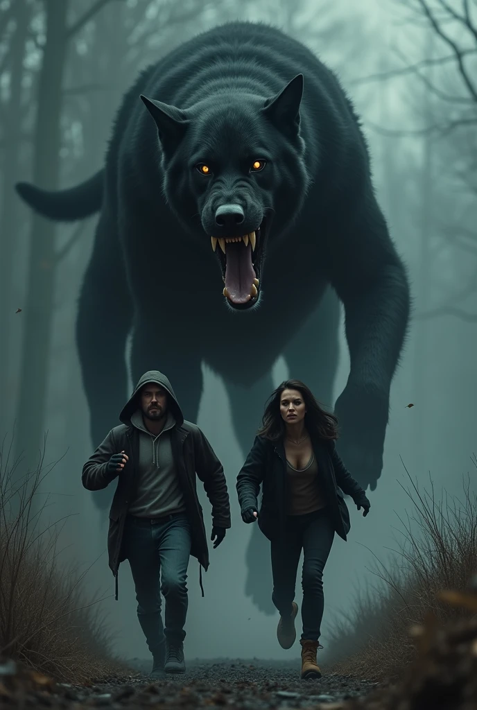 Man and woman, being chased, by a black dog, the height of a man, showing its fangs and behind them.