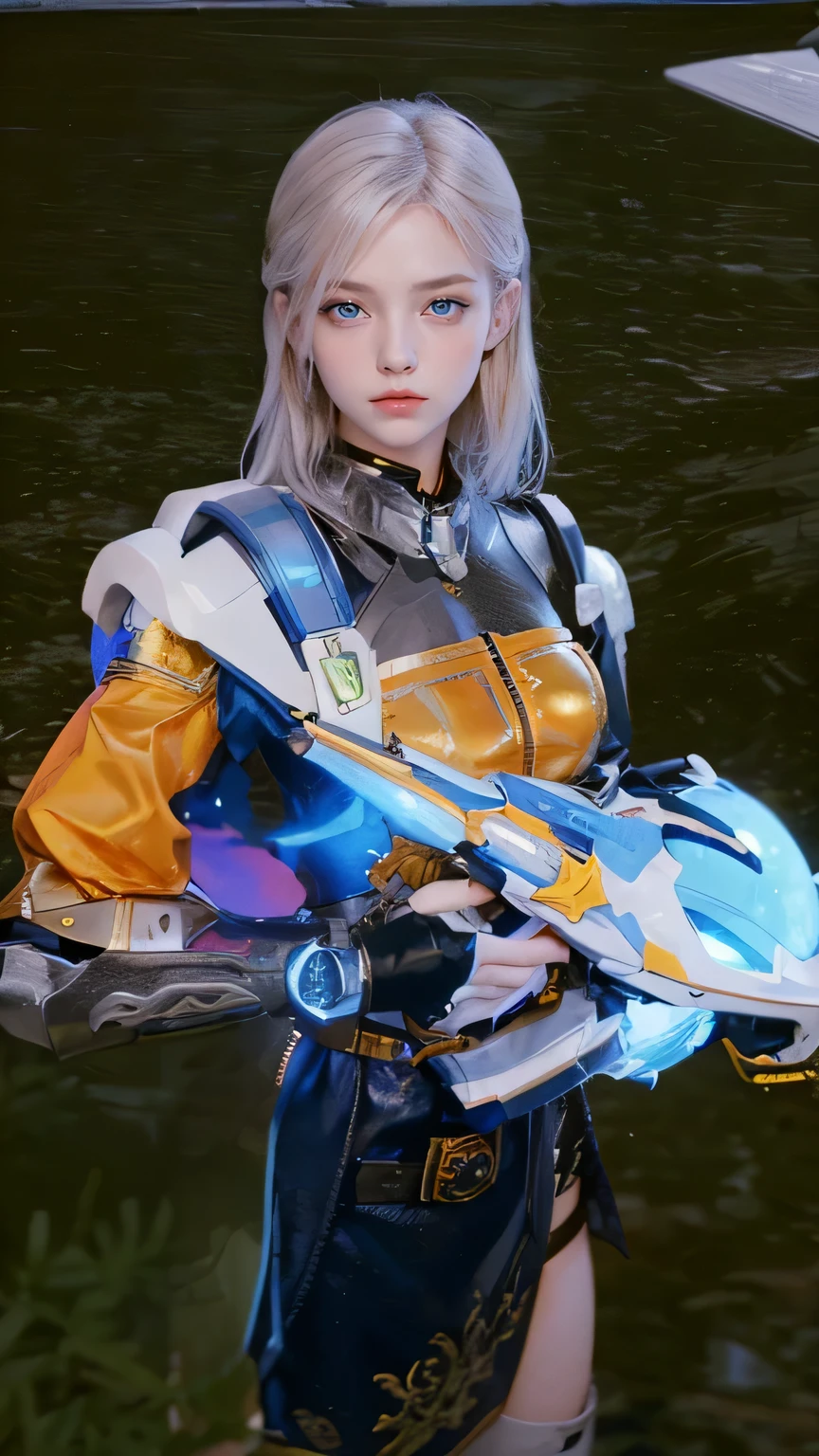 A beautiful woman. 20s. Blonde hair and blue eyes. Short hair. She is looking at the camera with a defiant expression. She wears a silver metallic battle uniform. There is something on his waist that is reminiscent of Kamen Rider's transformation belt. In her background is an image of outer space and a giant space battleship. A masterpiece.