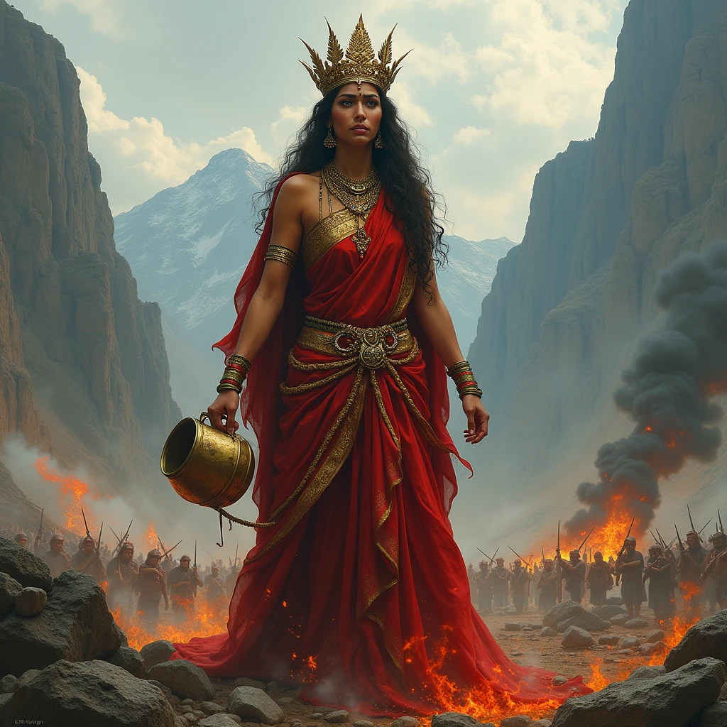 A South Indian queen, who is Hindu, is holding a oil can , with mountains and battlefields in the background , queen make s suicide bomber, she the queen sprinkled oil on herself , she sprinkled oil himself , oil 
