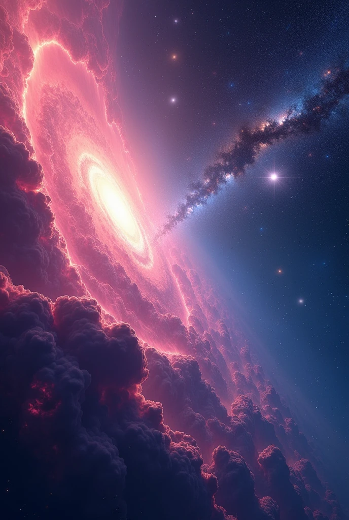 A deep space with left side pink space and right is blue and purple space