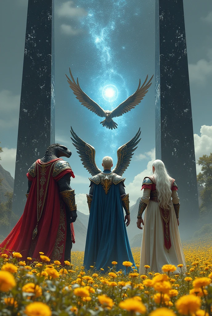 A strong humanoid reptilian wearing red ceremonial attire, a white-haired Nordic man wearing light elven robes and in the center a man with a falcon's head and large wings wearing a blue cloak and silver armor.
They are in front of two French obelisks made of mirrored black crystal, placed in the middle of a field with yellow flowers. Between the obelisks opens a dimensional portal to the universe