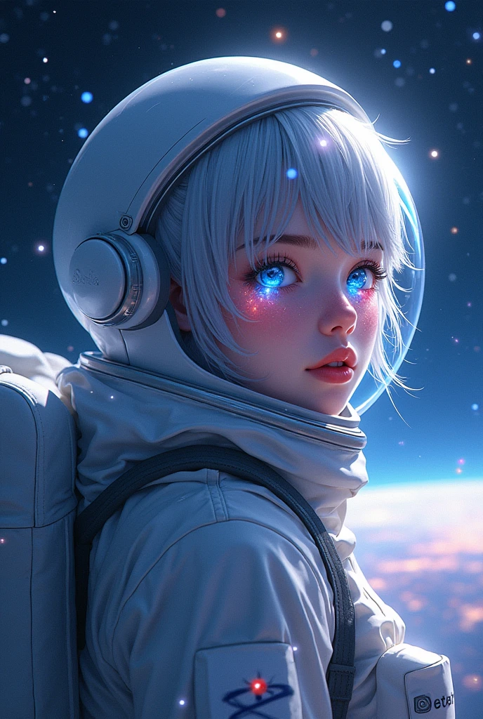 (Better masterpiece:1.5)0.9], (Space and astronauts:1.2) (Messy silver hair:1.1) (Heterochromia xanthochromia and blue eyes:1.2) (Space Helmet:1.0) (Colored stars in the eyes:1.0) (A radiant glow:1.1) (thick lips:0.9) (Looking at viewer over shoulder:0.9)