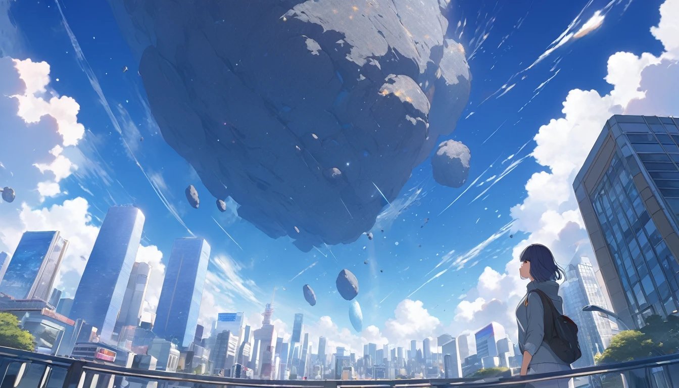 High definition、high resolution、Masterpiece、Looking up at the Tokyo sky、Person looking down々、blue sky、City、City、Buildings、Giant meteorites、meteorite falling、Makoto Shinkai style、