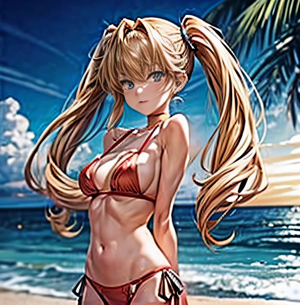 Eva　Shikinami Asuka Langley　Whole person　　　Blonde long twin tails　luxury bikini　Sunset beach