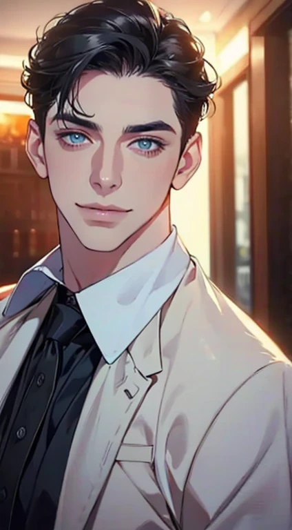 a mature man with short grey Black hair, blue eyes, 31 years, and a perfect face, smiling in love, CEO, cinematic lighting, 1:4 HDR image, top view, ultra detailed, best quality, masterpiece, 8K, photorealistic, beautiful image