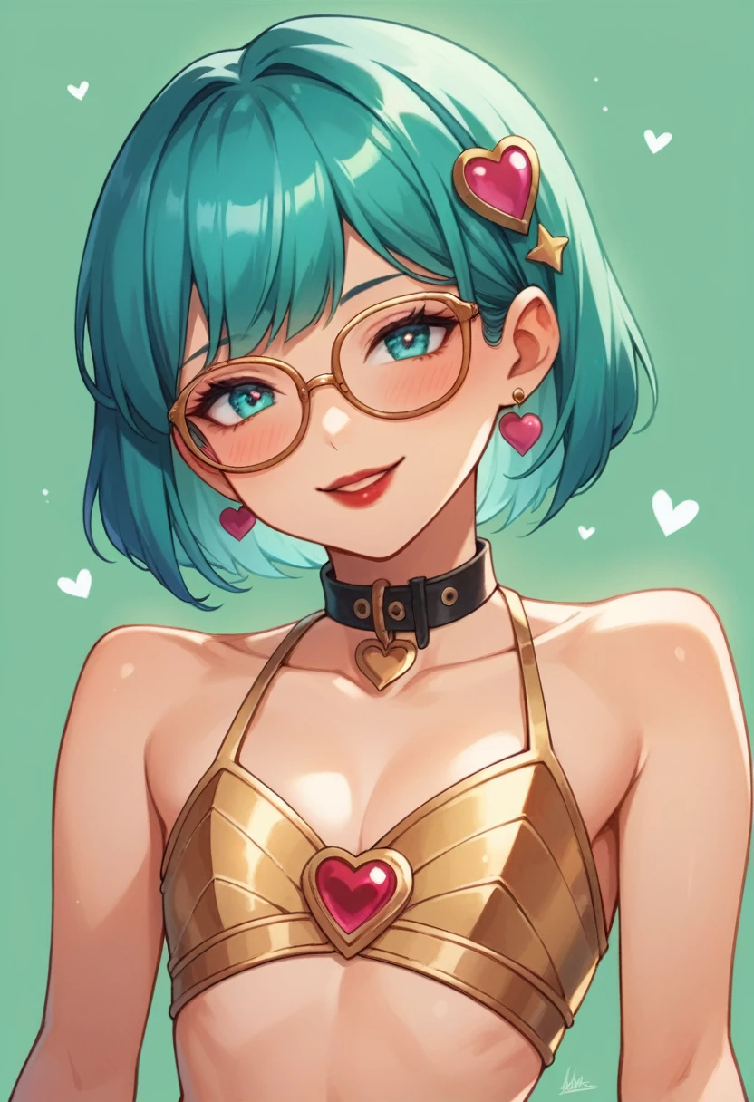 1 kawaii anime girl, nsfw, japanese girl, solo, bright aqua eyes, glasses, eyelids, blush, seductive smile, naughty expression, red lips, cute hair bangs, bob short hairstyle, bright aqua hair,  heart shape earings, collar, collarbone, sexy body, slim waist, navel, natural medium breast, cleavage, navel, flat chest, cleavage, detailed erotic dress, pink color knight armor, gold and black color ornament on the dress, erotic pose, looking at viewer, flat green background, upper body