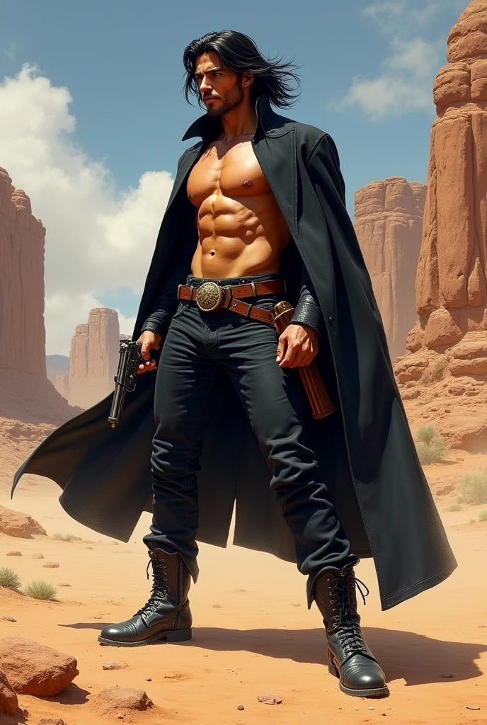 Full-body muscular man, gunslinger from the American Old West, he is in profile, with an attractive face, no beard, long hair, dressed all in black, shirtless, with a long coat, black boots. He is in a fighting stance, standing in the Arizona desert. Frazetta art style.