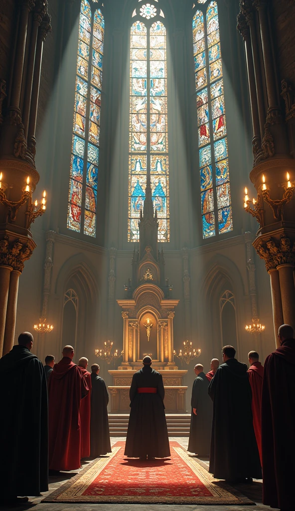 Close-up shot, Low angle shot, (An intense scene inside a grand cathedral, with towering stained-glass windows casting colorful light onto a group of high-ranking clergy in elaborate robes. In the shadows near the entrance, an Illuminati member, dressed in a dark cloak, watches the proceedings with a calculating expression. The clergy are gathered around a massive altar, their faces anxious as they discuss the growing threat to their authority. The atmosphere is heavy with tension and the weight of centuries-old tradition being challenged.) unreal engine, cinematic, hyper-real, highly detailed, Ultra realistic HD --q 2 --v 6.1 --ar 9:16  