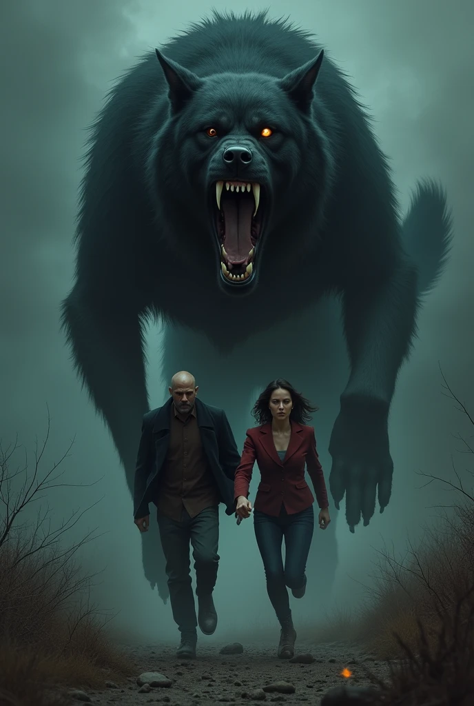 Man and woman, being chased, by a black dog, the height of a man, showing its fangs and behind them.