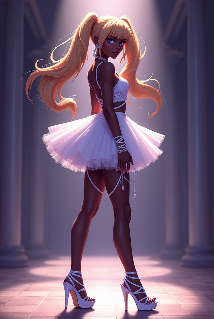 QUITTERIE RAFFAELI, LONG HAIR, BLONDE HAIR, TWINTAILS, PURPLE EYES, HAIRBAND, DARK SKIN, DARK-SKINNED girl, JEWELRY, EARRINGS, 1girl, solo, masterpiece, illustration, game CG, absurdres, highly detailed, dance hall, ballerina, tutu, sexy outfit, white plataform high heels sandals, white straps arround the anckles going up all the way to the thighs , all fours, full body shot, side shot, looking back at viewer
