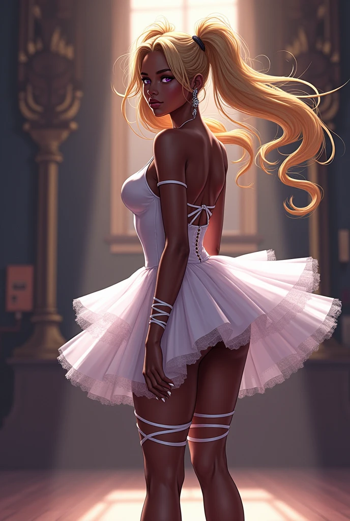 QUITTERIE RAFFAELI, LONG HAIR, BLONDE HAIR, TWINTAILS, PURPLE EYES, HAIRBAND, DARK SKIN, DARK-SKINNED girl, JEWELRY, EARRINGS, 1girl, solo, masterpiece, illustration, game CG, absurdres, highly detailed, dance hall, ballerina, tutu, sexy outfit, white plataform high heels sandals, white  straps arround the anckles going up all the way to the thighs , all fours, full  body shot, side shot, looking back at viewer