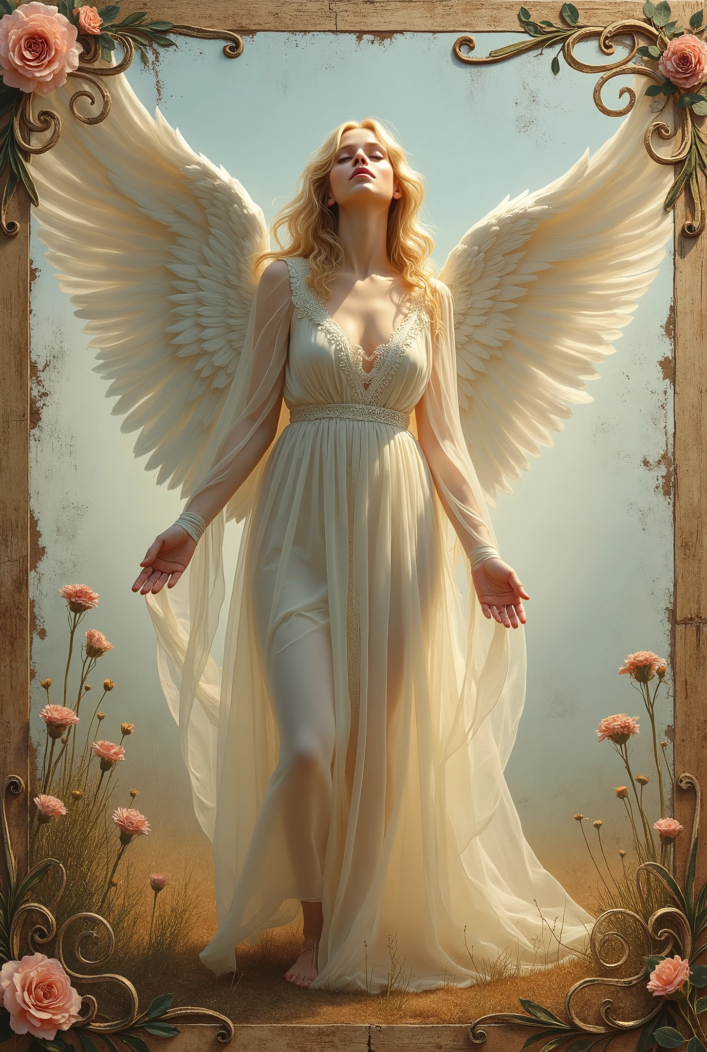 the angel is an weathered peeling image painted on an old peeling wooden sign, she is like a painting on sign, static, haze, cracks worn patches, weathered painted image of blonde haired angel, standing on a battle field holding a butterfly bringing life back into it weathered painting on a old wooden sign board, wearing a transparent Voile dress, wooden sign-board style, paper roses, paper wings, scroll work, designs, flacking paint dried plants, simple background, photorealistic, perfect, oilpainting, photorealistic, In a sublime portrayal, an angel draped in a pristine, luminescent cloak captivates the viewer. The ethereal being is depicted in a striking painting, which precisely highlights the angel's purity and radiance. Resplendent with heavenly beauty, the cloak glistens with a glossy sheen, reflecting divine light. The delicate feathers that adorn the angel's wings possess a remarkable softness and grace, seemingly untouched by earthly impurities. This awe-inspiring image evokes beautiful blonde girl