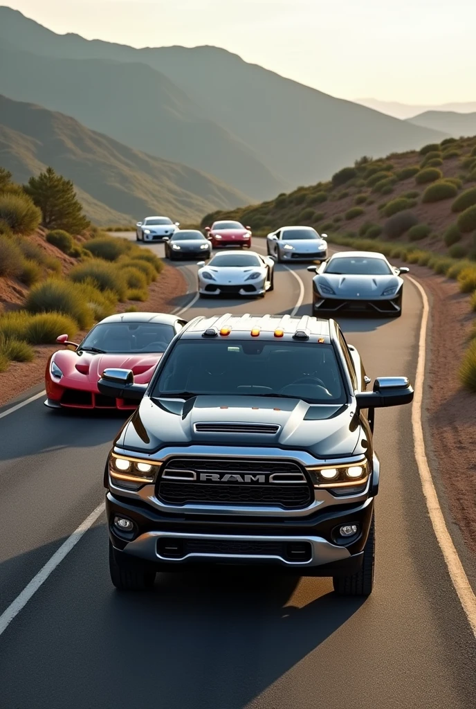 High-end cars such as Ferrari, Lamborghini, rr, RAM 700 roulent comme un convoi. The RAM 700 car is at the front of the convoy 