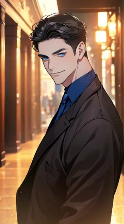 a mature man with short grey Black hair, blue eyes, 31 years, and a perfect face, smiling in love, CEO, cinematic lighting, 1:4 HDR image, top view, ultra detailed, best quality, masterpiece, 8K, photorealistic, beautiful image