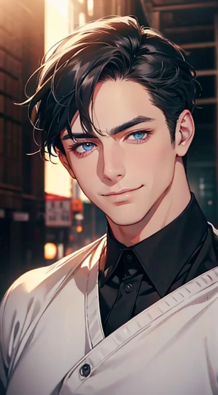 a mature man with short grey Black hair, blue eyes, 31 years, and a perfect face, smiling in love, CEO, cinematic lighting, 1:4 HDR image, top view, ultra detailed, best quality, masterpiece, 8K, photorealistic, beautiful image