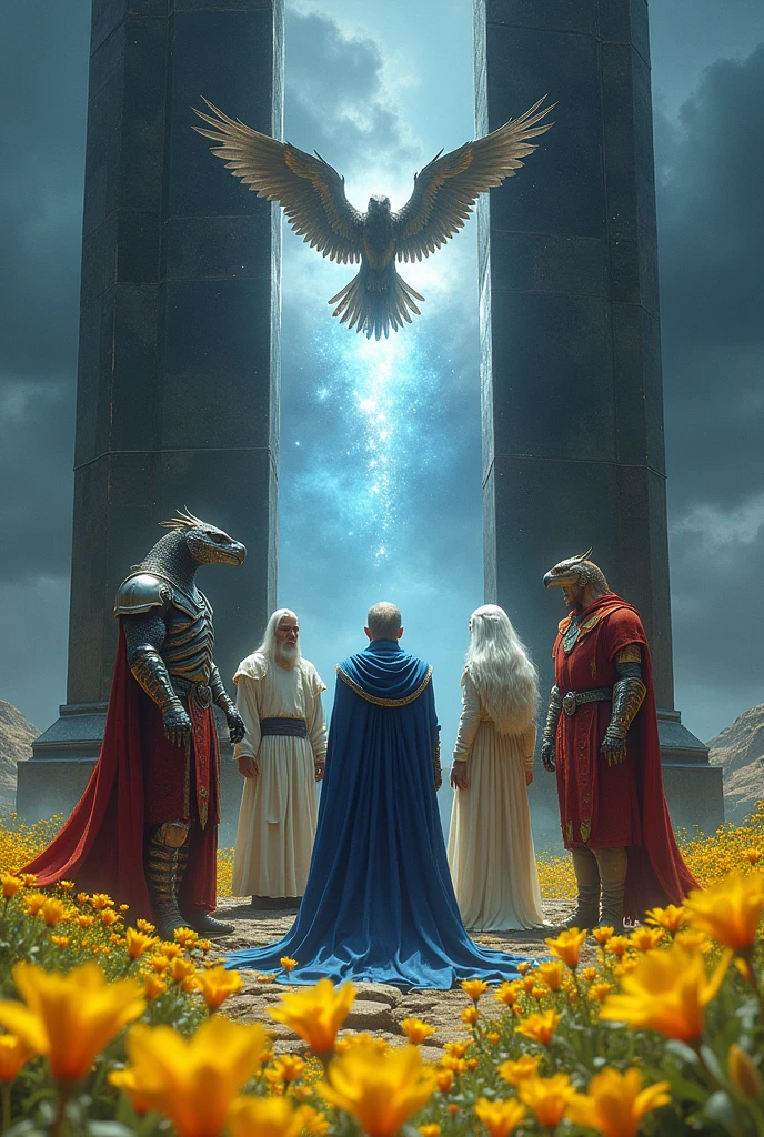 A strong humanoid reptilian wearing red ceremonial attire, a white-haired Nordic man wearing light elven robes and in the center a man with a falcon's head and large wings wearing a blue cloak and silver armor.
They are in front of two French obelisks made of mirrored black crystal, placed in the middle of a field with yellow flowers. Between the obelisks opens a dimensional portal to the universe