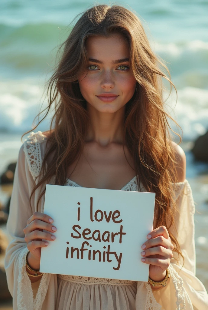 Beautiful girl with wavy long hair, bohemian dress, holding a white board with text "I Love Seaart Infinity" and showing it to the viewer