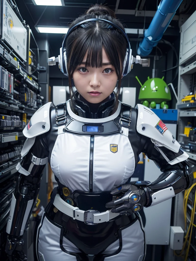 masterpiece, Highest quality, Very detailed, Japanese Android girl,Plump,Slightly thicker,Control panel,robot arms,robot,Android,cyborg,Blunt bangs,robot repair plant,Fighter cockpit,Combat Uniform,Harness Belt,headset