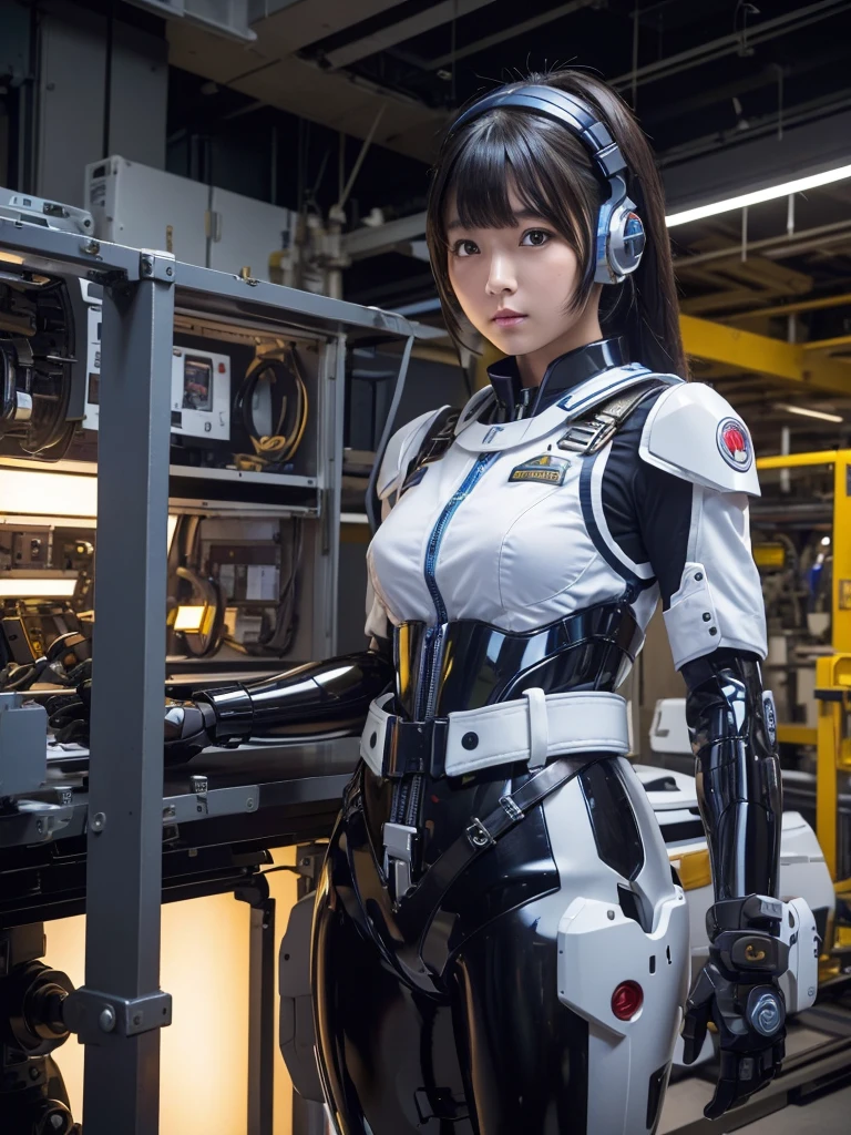 masterpiece, Highest quality, Very detailed, Japanese Android girl,Plump,Slightly thicker,Control panel,robot arms,robot,Android,cyborg,Blunt bangs,robot repair plant,Fighter cockpit,Combat Uniform,Harness Belt,headset